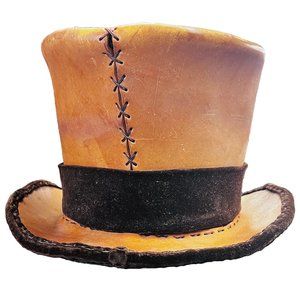 Vintage Handstitched Tan Leather Top Hat with Velvet Trim, Unique Steampunk